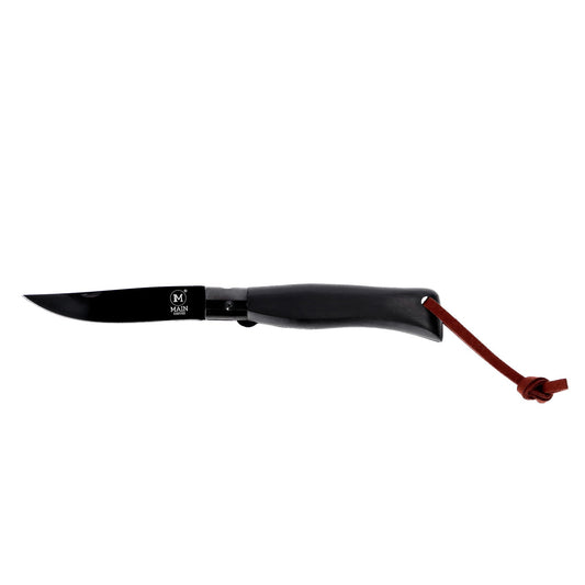 M Main Pocket knife with Black pressed wood handle and PU loop. Blade made from stainless steel 440A with Black Titanium coating.Blade length – 87 mm. SUPER BLACK.