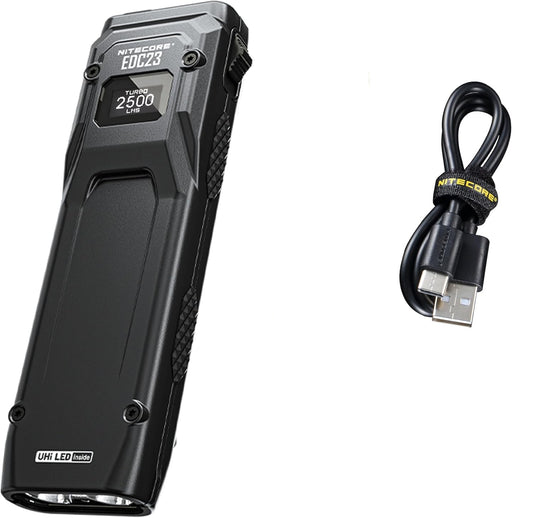 مصباح يدوي Nitecore EDC23 EDC، 2500 لومن، شكل مسطح فائق النحافة، قابل لإعادة الشحن بمنفذ USB-C، شحن سريع، مع شاشة OLED رقمية، مفتاح قفل ميكانيكي