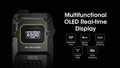 مصباح يدوي تكتيكي Nitecore EDC29 EDC، 6500 لومن قابل لإعادة الشحن بمنفذ USB-C، شكل مسطح رفيع مع كشاف ضوئي، أوضاع ستروب، ملصق شاشة رقمية