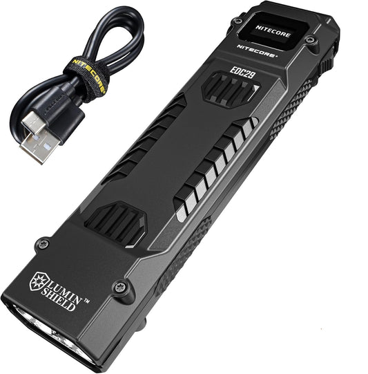 مصباح يدوي تكتيكي Nitecore EDC29 EDC، 6500 لومن قابل لإعادة الشحن بمنفذ USB-C، شكل مسطح رفيع مع كشاف ضوئي، أوضاع ستروب، ملصق شاشة رقمية