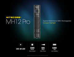 مصباح يدوي تكتيكي Nitecore MH12 Pro، 3300 لومن عالي اللومن، قابل لإعادة الشحن عبر USB-C، طويل المدى، مصباح EDC صغير الحجم مع جراب ومنظم Lumentac