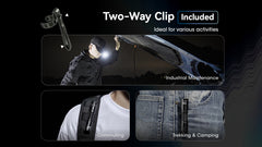 مصباح يدوي MT1A Pro من نايتكور، بقوة 800 لومن، للاستخدام اليومي، يعمل ببطارية AA واحدة. بطارية قابلة لإعادة الشحن بمنفذ USB-C، مع ملصق نايتكور.