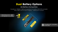 مصباح يدوي MT1A Pro من نايتكور، بقوة 800 لومن، للاستخدام اليومي، يعمل ببطارية AA واحدة. بطارية قابلة لإعادة الشحن بمنفذ USB-C، مع ملصق نايتكور.