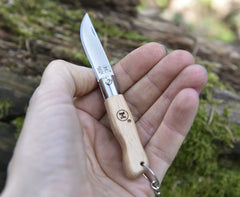 سكين جيب صغير من M Main بمقبض من خشب الزان وحقيبة جلدية مع سلسلة مفاتيح