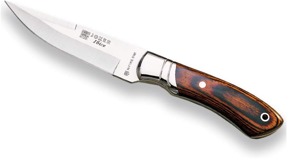 Joker Hunting Knife Ibice CR04, with Stainless Steel Ferrule, Handle in Pressed red Wood Stamina, MOVA Blade 4.72 inches, Brown Leather Sheath, Fishing Tool, Hunting, Camping and Hiking.