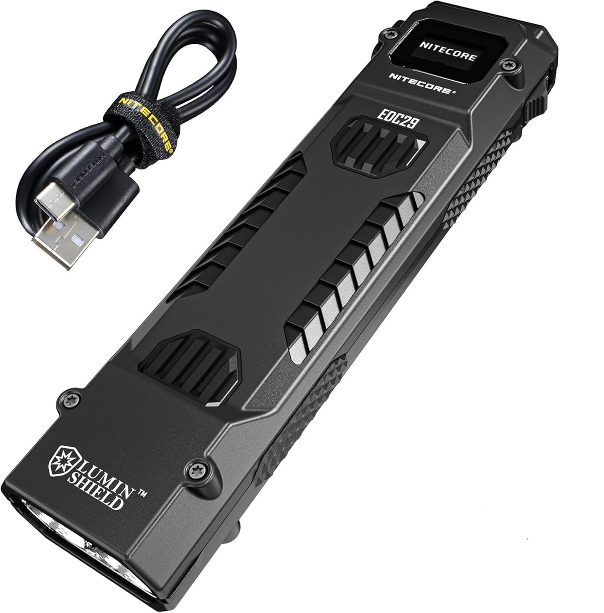 مصباح يدوي تكتيكي Nitecore EDC29 EDC، 6500 لومن قابل لإعادة الشحن بمنفذ USB-C، شكل مسطح رفيع مع كشاف ضوئي، أوضاع ستروب، ملصق شاشة رقمية 